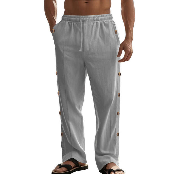 Pantalones de algodón para hombre con bolsillos y botones laterales de color liso con Buddha Stones - image 41