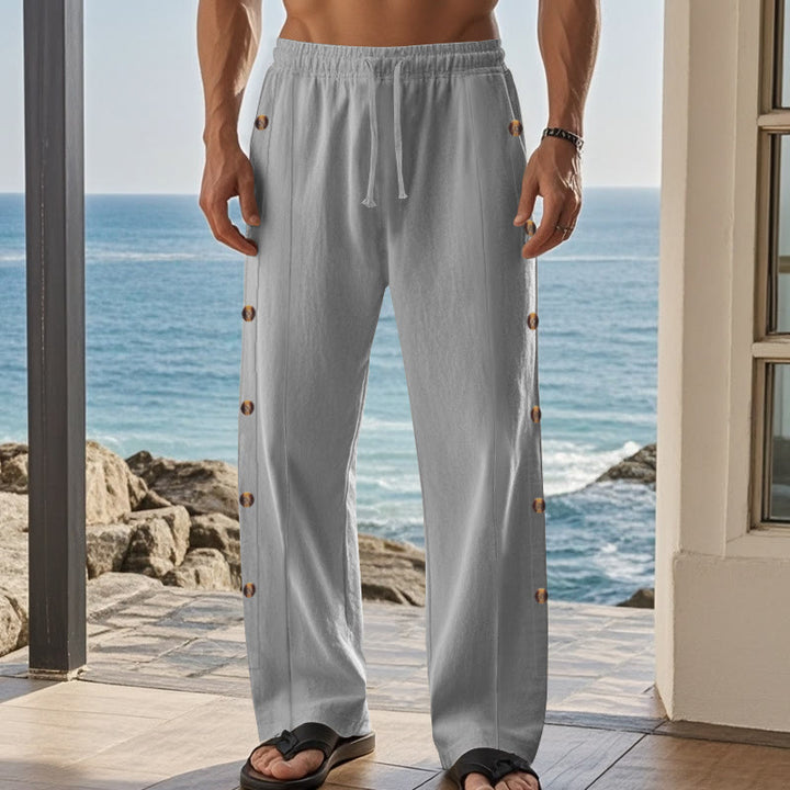 Pantalones de algodón para hombre con bolsillos y botones laterales de color liso con Buddha Stones - image 37