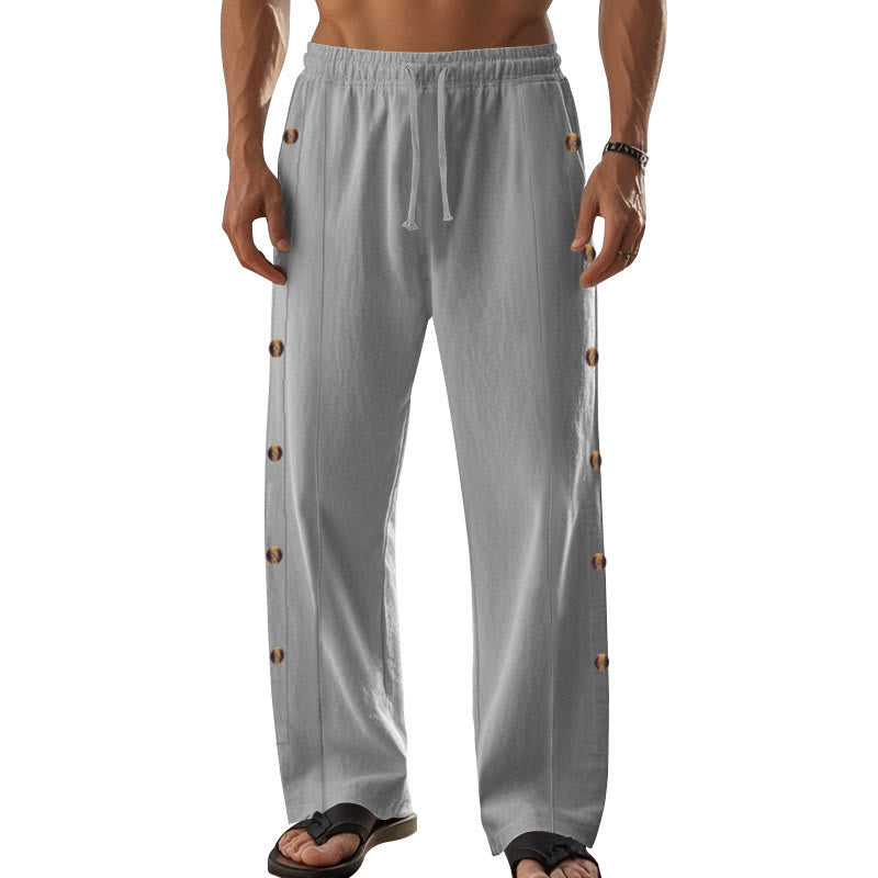 Pantalones de algodón para hombre con bolsillos y botones laterales de color liso con Buddha Stones - image 43