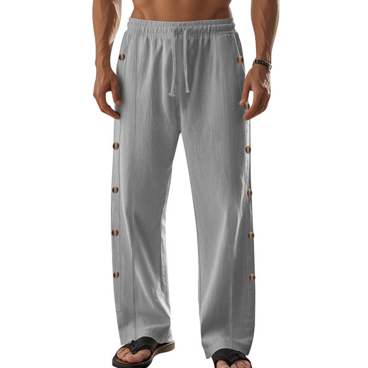 Pantalones de algodón para hombre con bolsillos y botones laterales de color liso con Buddha Stones - image 43
