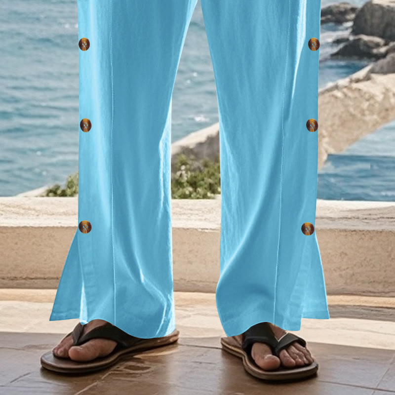 Pantalones de algodón para hombre con bolsillos y botones laterales de color liso con Buddha Stones - image 53
