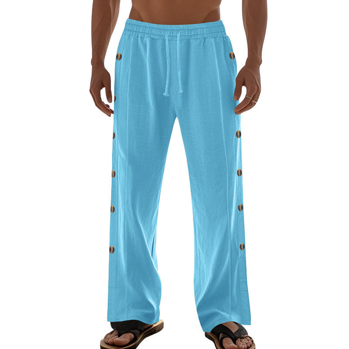Pantalones de algodón para hombre con bolsillos y botones laterales de color liso con Buddha Stones - image 55
