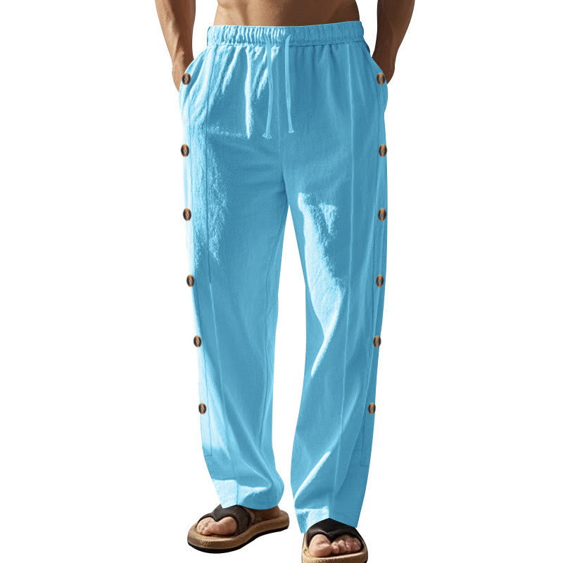 Pantalones de algodón para hombre con bolsillos y botones laterales de color liso con Buddha Stones - image 58