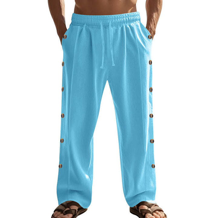 Pantalones de algodón para hombre con bolsillos y botones laterales de color liso con Buddha Stones - image 57