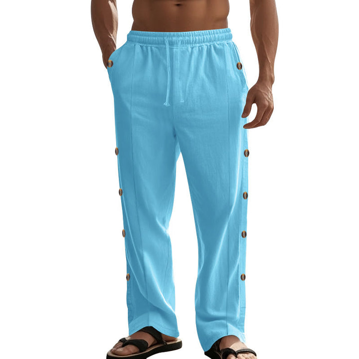 Pantalones de algodón para hombre con bolsillos y botones laterales de color liso con Buddha Stones - image 56