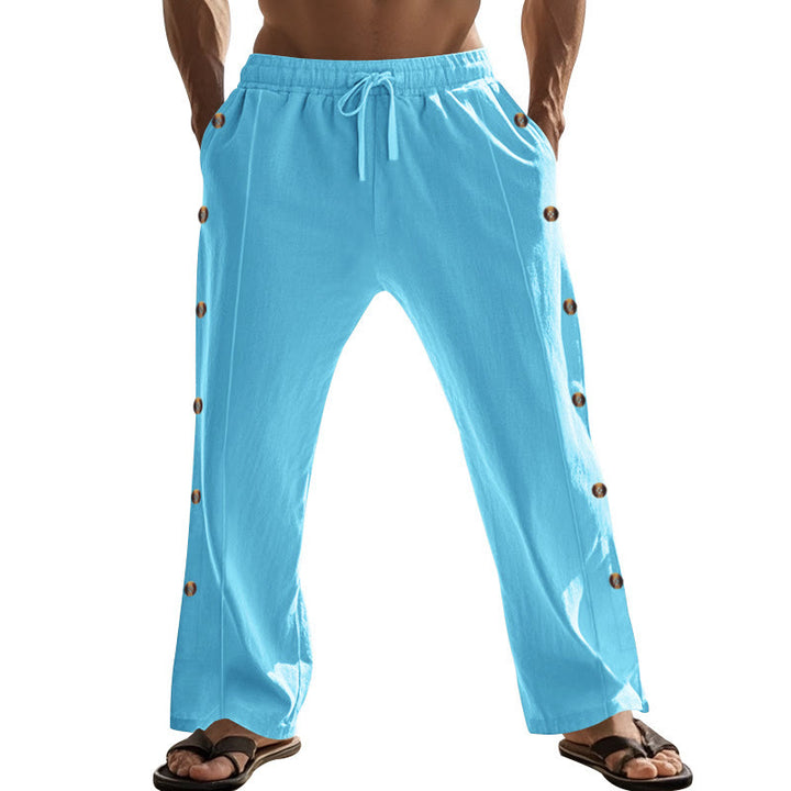 Pantalones de algodón para hombre con bolsillos y botones laterales de color liso con Buddha Stones - image 60