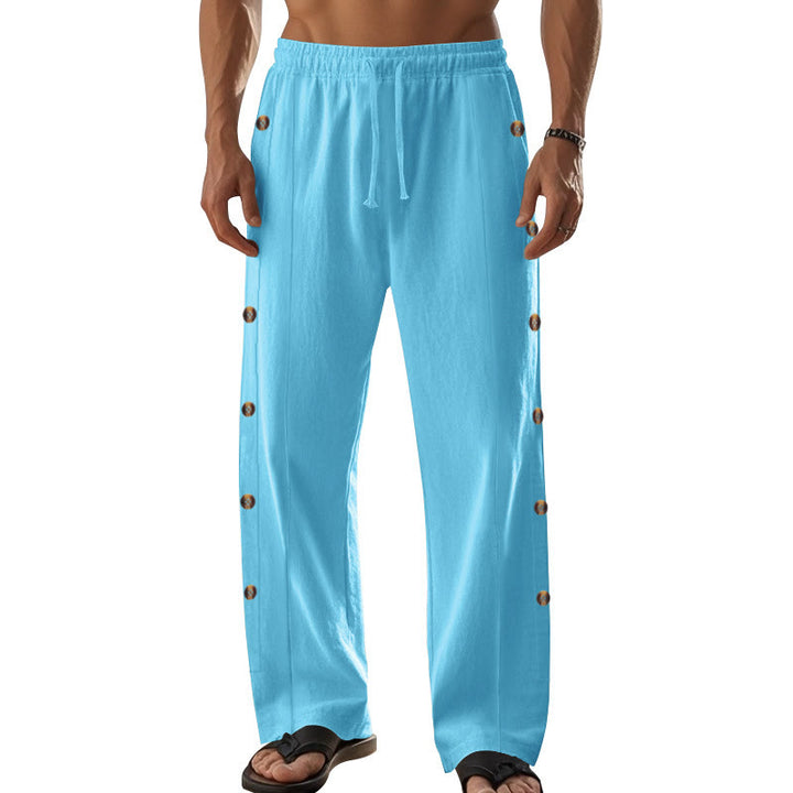 Pantalones de algodón para hombre con bolsillos y botones laterales de color liso con Buddha Stones - image 45