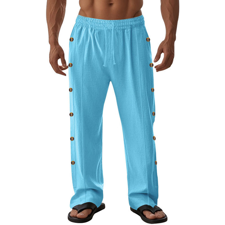 Pantalones de algodón para hombre con bolsillos y botones laterales de color liso con Buddha Stones - image 59
