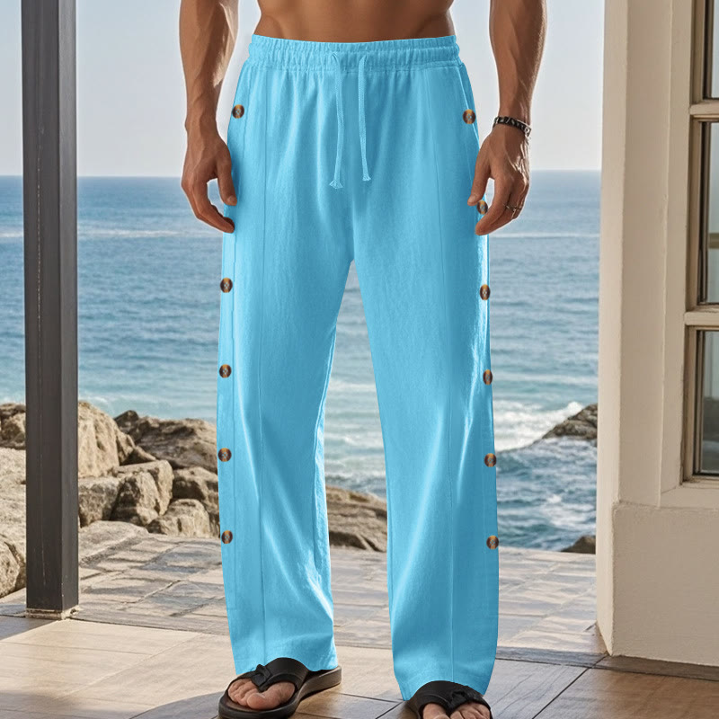 Pantalones de algodón para hombre con bolsillos y botones laterales de color liso con Buddha Stones - image 46