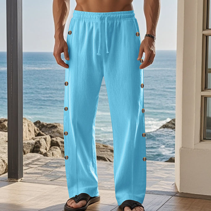 Pantalones de algodón para hombre con bolsillos y botones laterales de color liso con Buddha Stones - image 46
