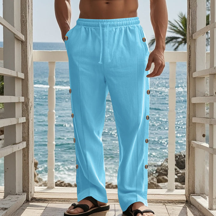 Pantalones de algodón para hombre con bolsillos y botones laterales de color liso con Buddha Stones - image 52