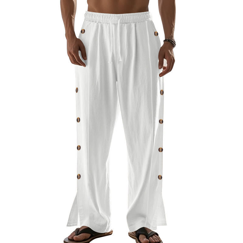 Pantalones de algodón para hombre con bolsillos y botones laterales de color liso con Buddha Stones - image 66