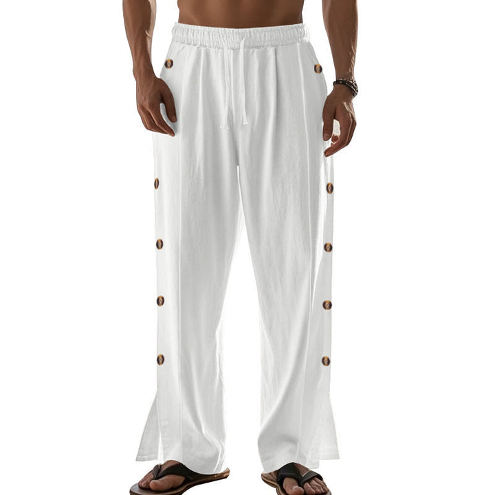 Pantalones de algodón para hombre con bolsillos y botones laterales de color liso con Buddha Stones - image 66