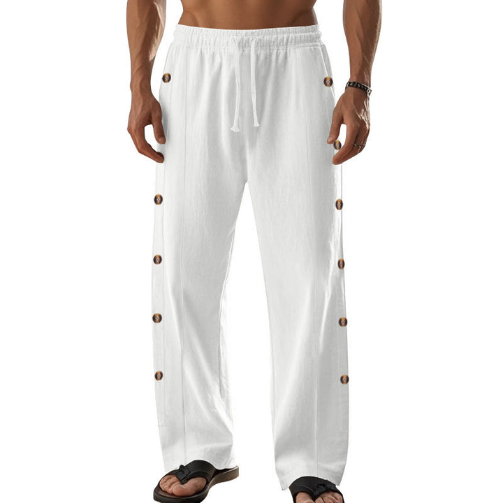 Pantalones de algodón para hombre con bolsillos y botones laterales de color liso con Buddha Stones - image 67
