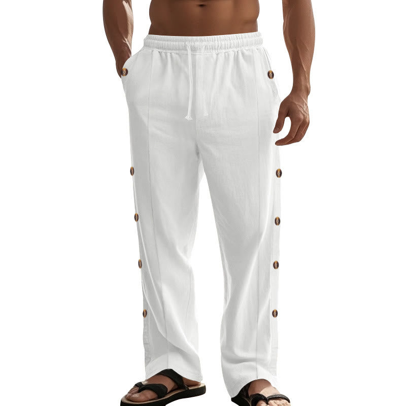 Pantalones de algodón para hombre con bolsillos y botones laterales de color liso con Buddha Stones - image 69