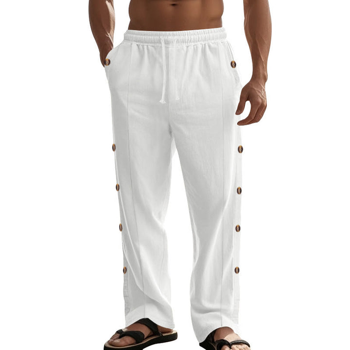 Pantalones de algodón para hombre con bolsillos y botones laterales de color liso con Buddha Stones - image 69