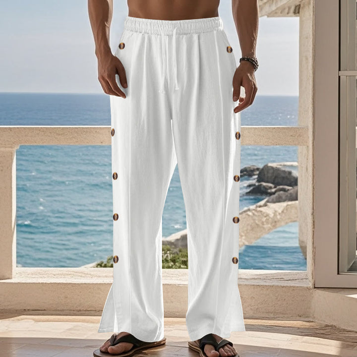 Pantalones de algodón para hombre con bolsillos y botones laterales de color liso con Buddha Stones - image 63