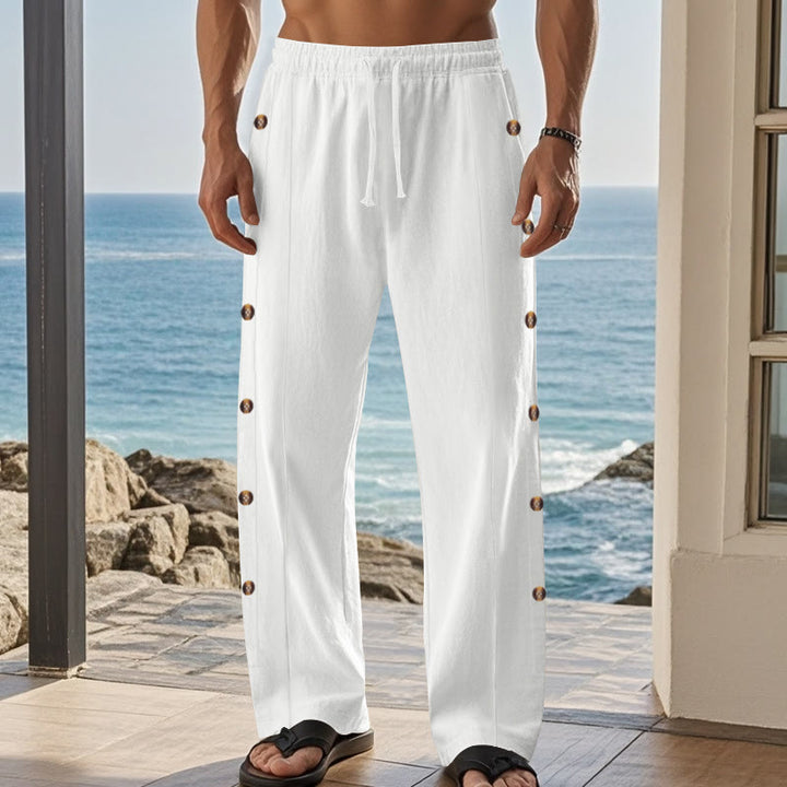 Pantalones de algodón para hombre con bolsillos y botones laterales de color liso con Buddha Stones - image 64