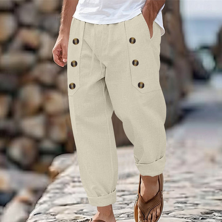 Pantalones casuales de algodón con botones y bolsillos para hombre , de Buddha Stones - Beige - US/UK/AU46, UE56 (3XL) - image 33