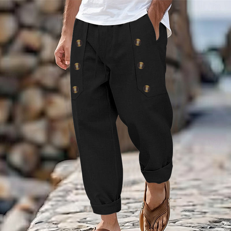 Pantalones casuales de algodón con botones y bolsillos para hombre , de Buddha Stones - Negro - US/UK/AU46, UE56 (3XL) - image 9