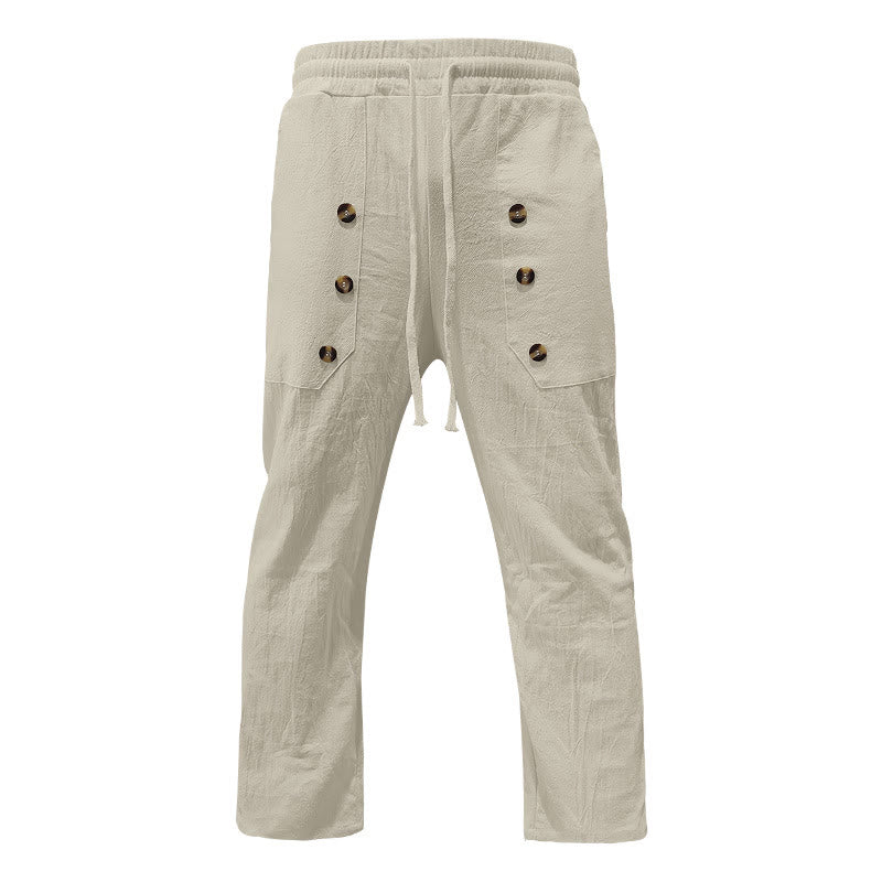 Pantalones casuales de algodón con botones y bolsillos para hombre , de Buddha Stones - Beige - US/UK/AU46, UE56 (3XL) - image 18