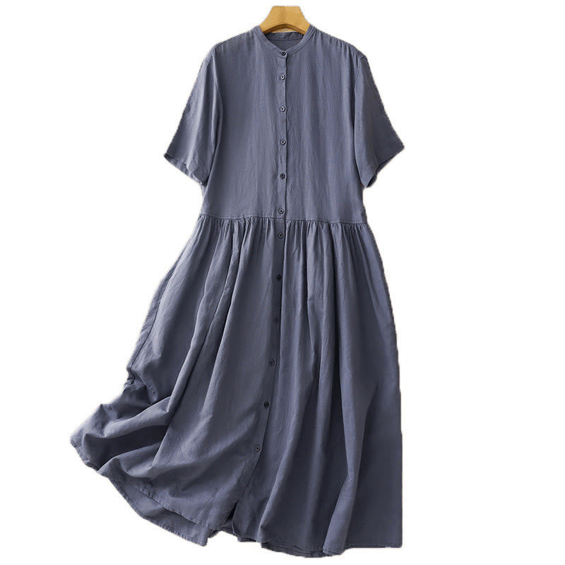 Vestido midi de lino y algodón de manga corta con bolsillos y diseño de botones de colores puros de Buddha Stones Commute - image 8