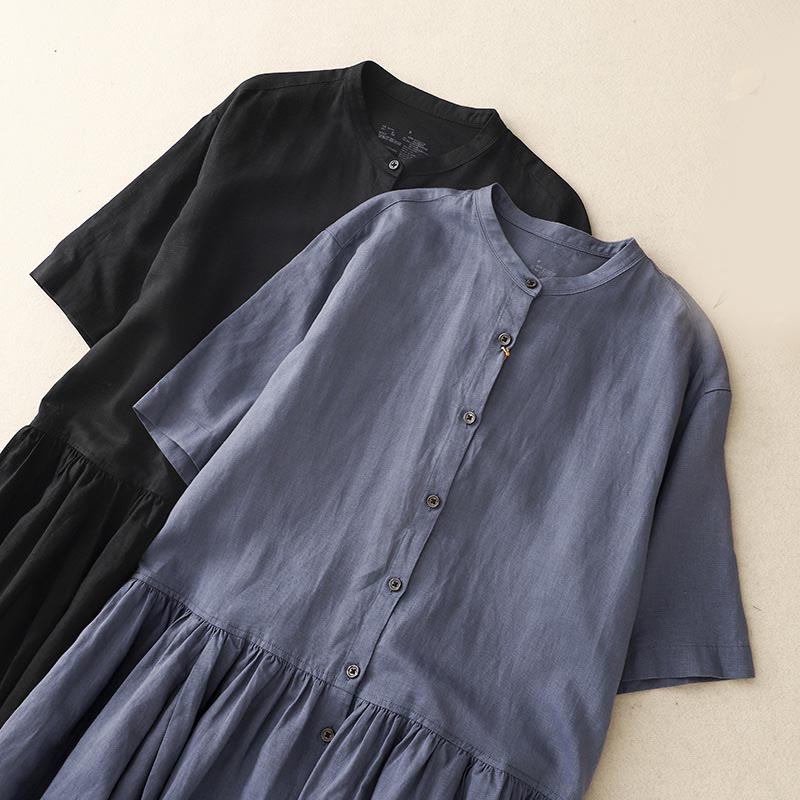 Vestido midi de lino y algodón de manga corta con bolsillos y diseño de botones de colores puros de Buddha Stones Commute - image 16