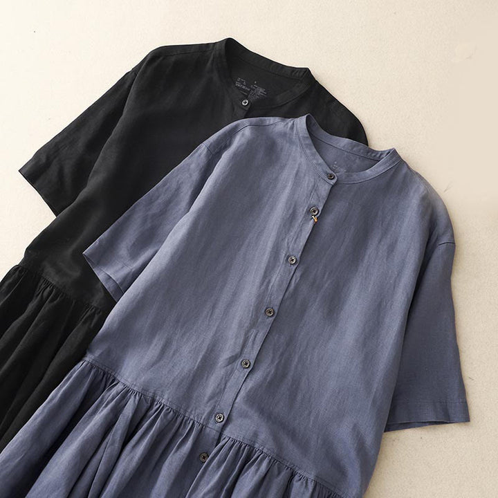 Vestido midi de lino y algodón de manga corta con bolsillos y diseño de botones de colores puros de Buddha Stones Commute - image 16