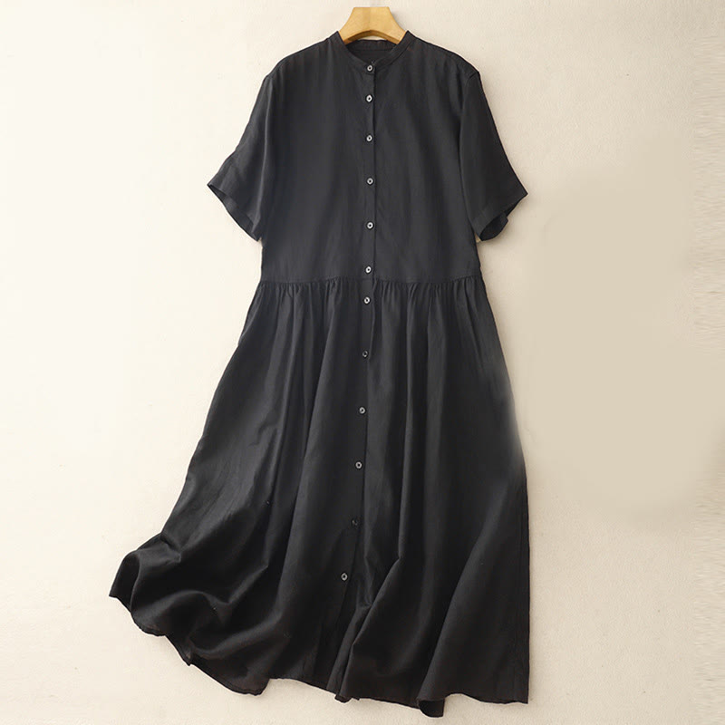 Vestido midi de lino y algodón de manga corta con bolsillos y diseño de botones de colores puros de Buddha Stones Commute - Negro - US8-10，UK/AU12-14，EU40-42 (2XL) - image 9