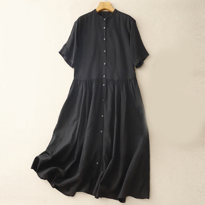 Vestido midi de lino y algodón de manga corta con bolsillos y diseño de botones de colores puros de Buddha Stones Commute - Negro - US8-10，UK/AU12-14，EU40-42 (2XL) - image 9