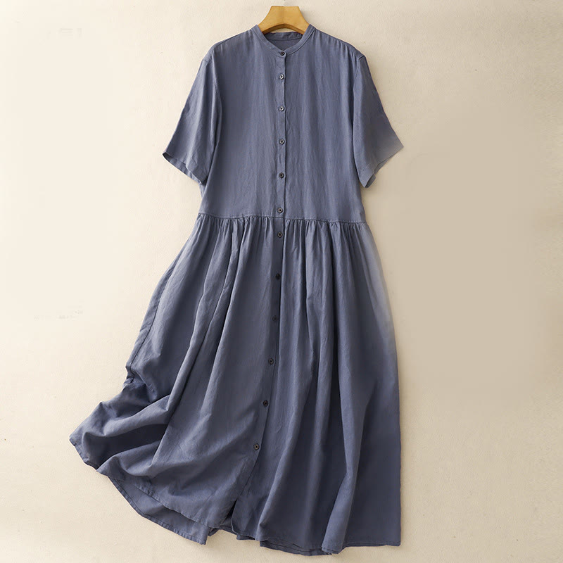 Vestido midi de lino y algodón de manga corta con bolsillos y diseño de botones de colores puros de Buddha Stones Commute - Gris pizarra claro - US8-10，UK/AU12-14，EU40-42 (2XL) - image 1