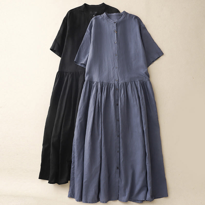 Vestido midi de lino y algodón de manga corta con bolsillos y diseño de botones de colores puros de Buddha Stones Commute - image 15