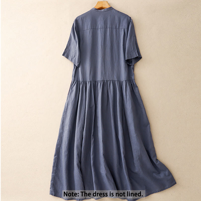 Vestido midi de lino y algodón de manga corta con bolsillos y diseño de botones de colores puros de Buddha Stones Commute - image 2