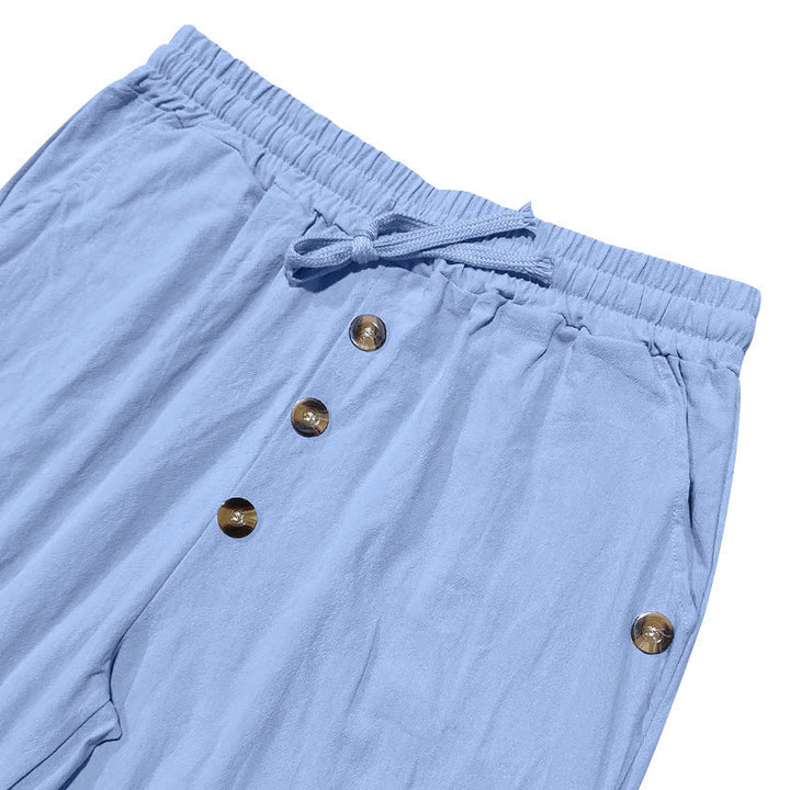 Pantalones de algodón para hombre con bolsillos y botones de color liso con cordón ajustable y Buddha Stones - image 27