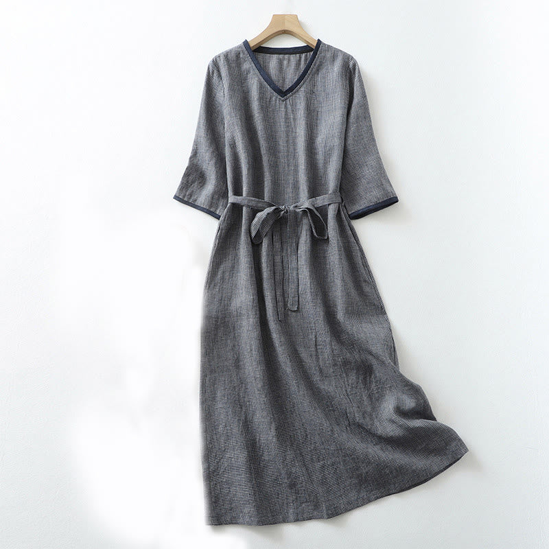 Vestido midi de lino y algodón con media manga, diseño con cordones y bolsillos, de Buddha Stones Commute, en azul medianoche - Azul medianoche - US8-10，UK/AU12-14，EU40-42 (2XL) - image 1