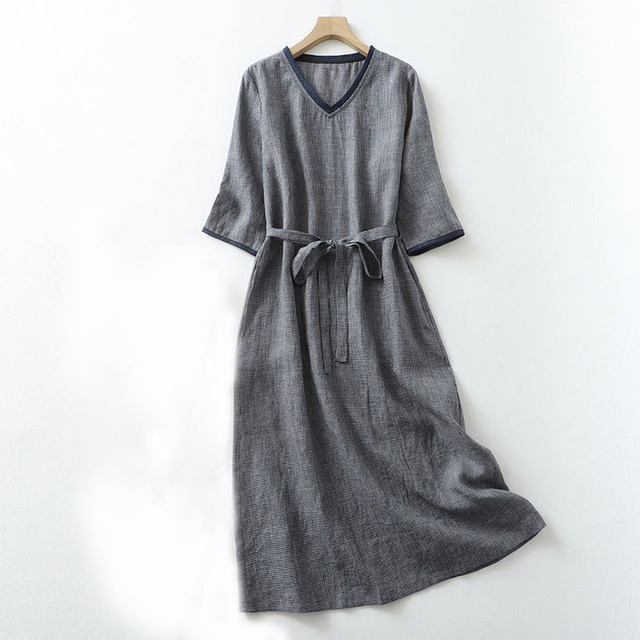 Vestido midi de lino y algodón con media manga, diseño con cordones y bolsillos, de Buddha Stones Commute, en azul medianoche - Azul medianoche - US8-10，UK/AU12-14，EU40-42 (2XL) - image 1