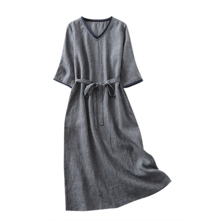 Vestido midi de lino y algodón con media manga, diseño con cordones y bolsillos, de Buddha Stones Commute, en azul medianoche - image 13