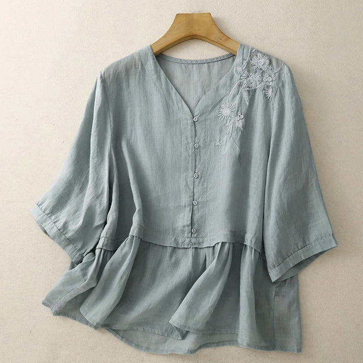 Camisa de algodón de manga tres cuartos para mujer con diseño de botones delanteros bordados con Buddha Stones  - image 0