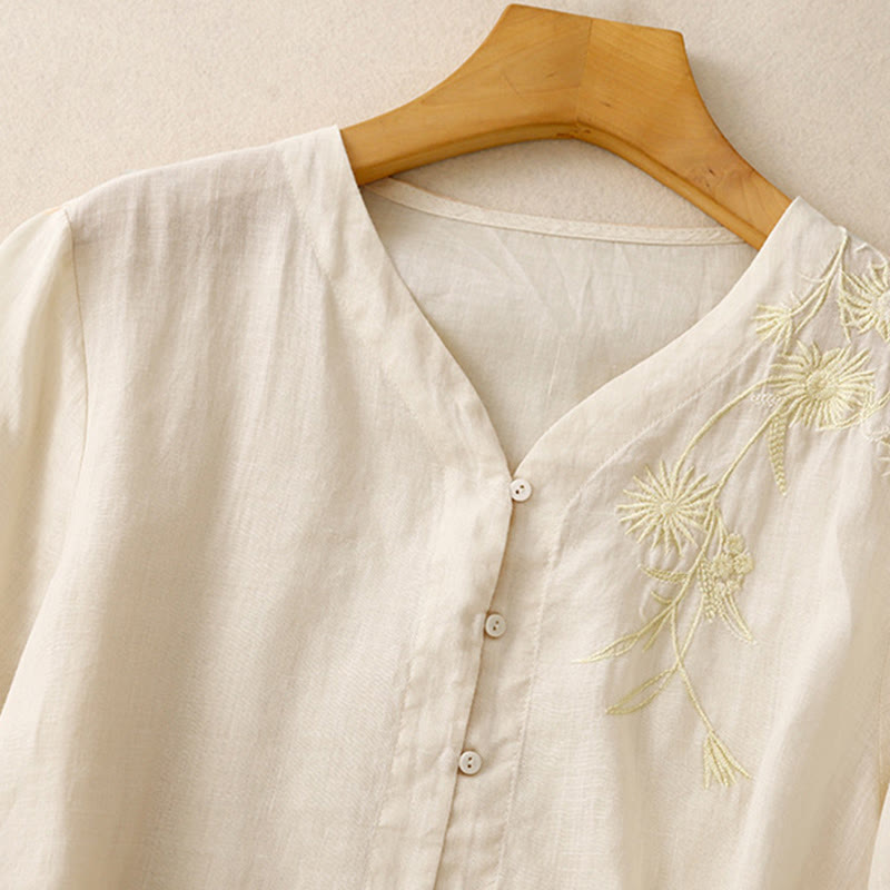Camisa de algodón de manga tres cuartos para mujer con diseño de botones delanteros bordados con Buddha Stones  - image 19