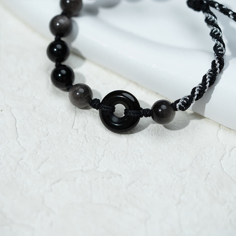 Buddha Stones Pulsera de cuerda negra purificadora con hebilla de paz de obsidiana negra natural