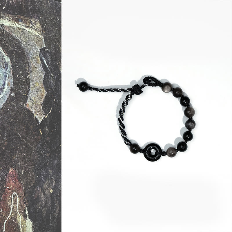 Buddha Stones Pulsera de cuerda negra purificadora con hebilla de paz de obsidiana negra natural