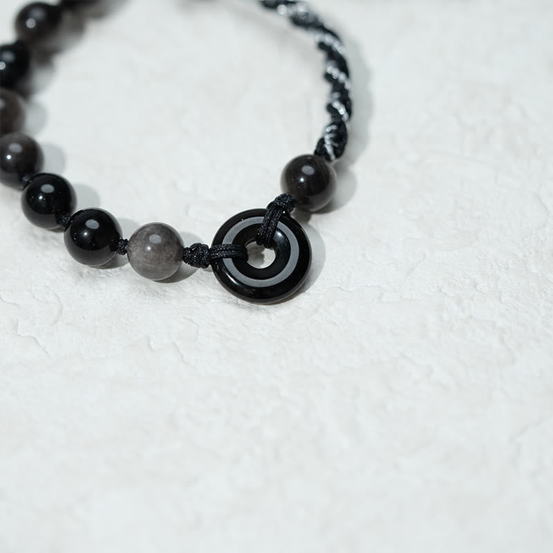 Buddha Stones Pulsera de cuerda negra purificadora con hebilla de paz de obsidiana negra natural