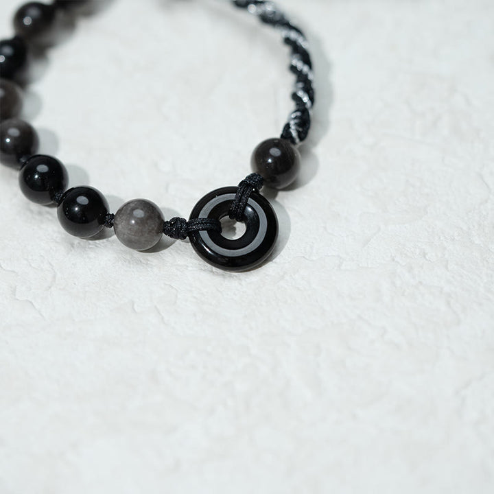 Buddha Stones Pulsera de cuerda negra purificadora con hebilla de paz de obsidiana negra natural
