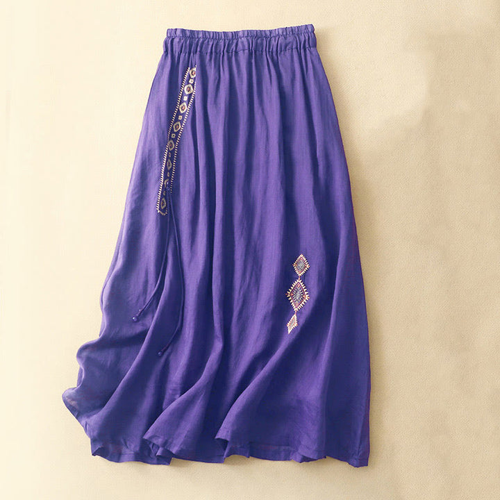 Falda de lino y algodón para mujer, diseño étnico vintage con bordado de Buddha Stones , de largo 7-8 - Violeta oscuro - US8-10，UK/AU12-14，EU40-42 (2XL) - image 0