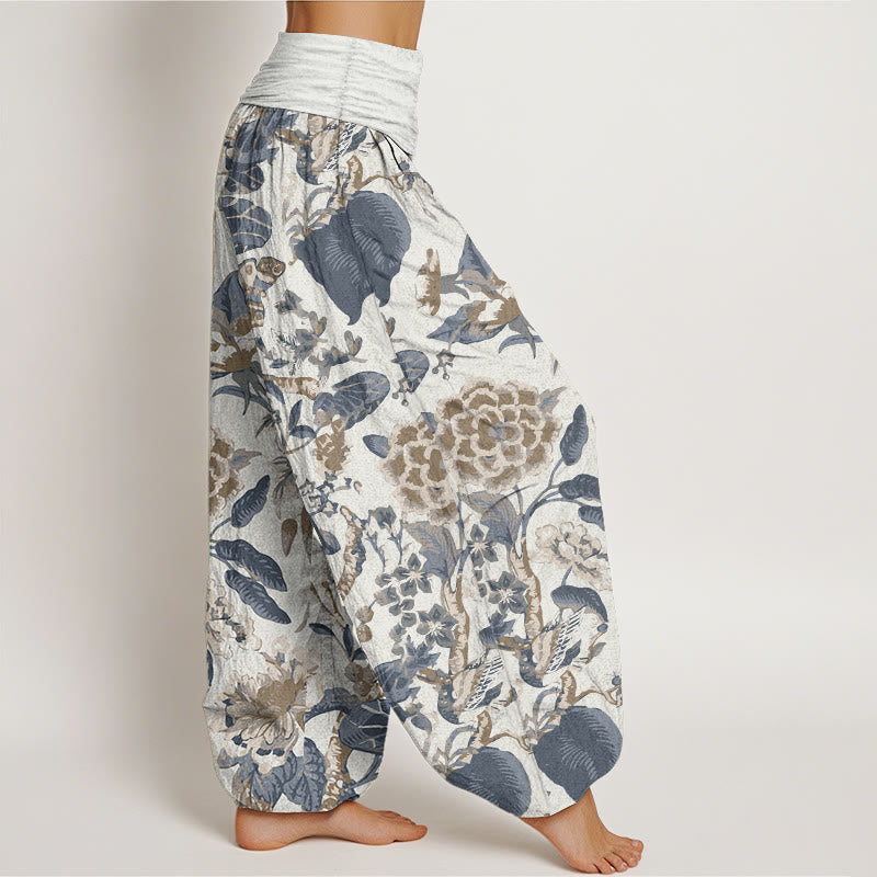 Pantalones Buddha Stones de algodón puro con estampado de peonías y hojas de loto para mujer, cintura elástica - image 1