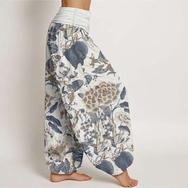 Pantalones Buddha Stones de algodón puro con estampado de peonías y hojas de loto para mujer, cintura elástica - image 1