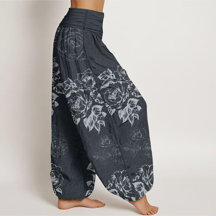 Pantalones Buddha Stones de algodón puro con estampado de peonías rosas para mujer, cintura elástica