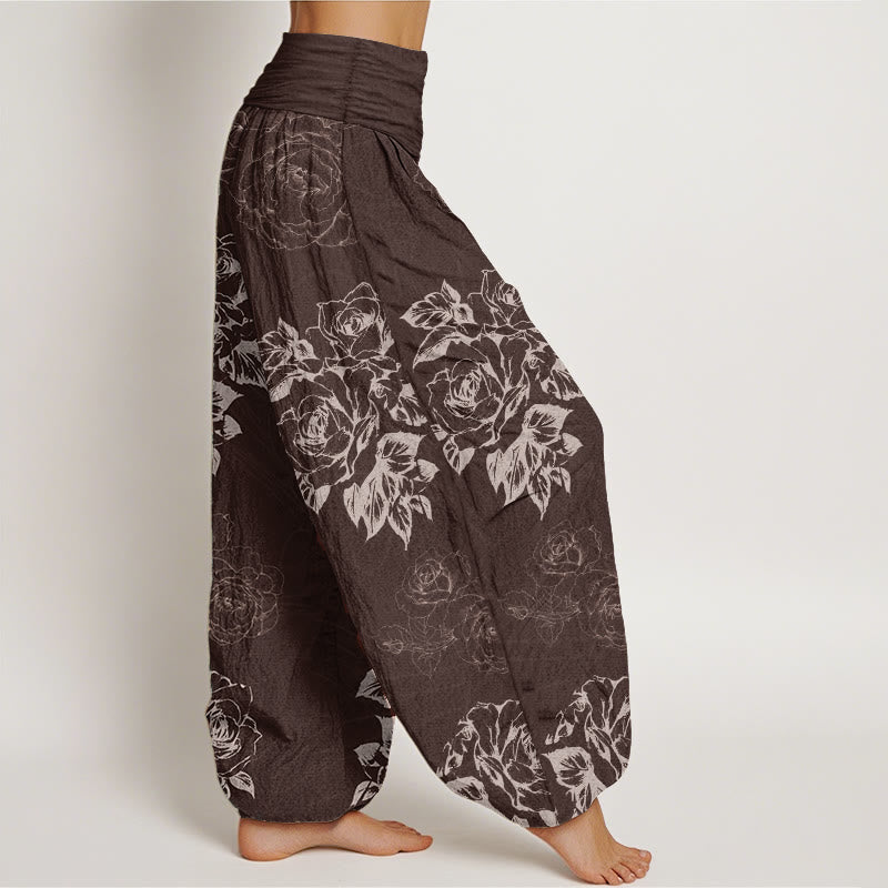 Pantalones Buddha Stones de algodón puro con estampado de peonías rosas para mujer, cintura elástica