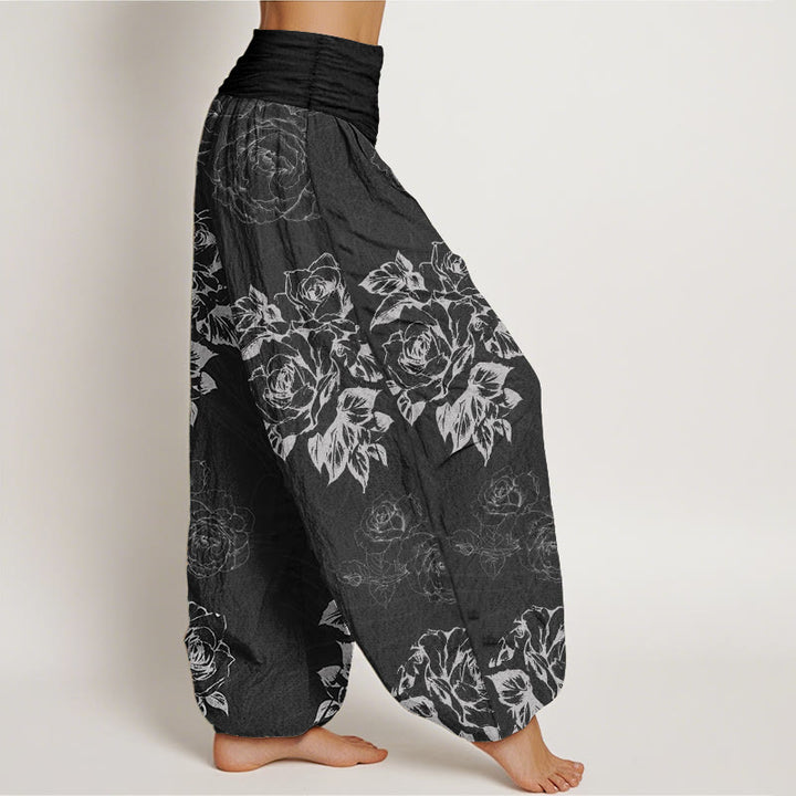 Pantalones Buddha Stones de algodón puro con estampado de peonías rosas para mujer, cintura elástica