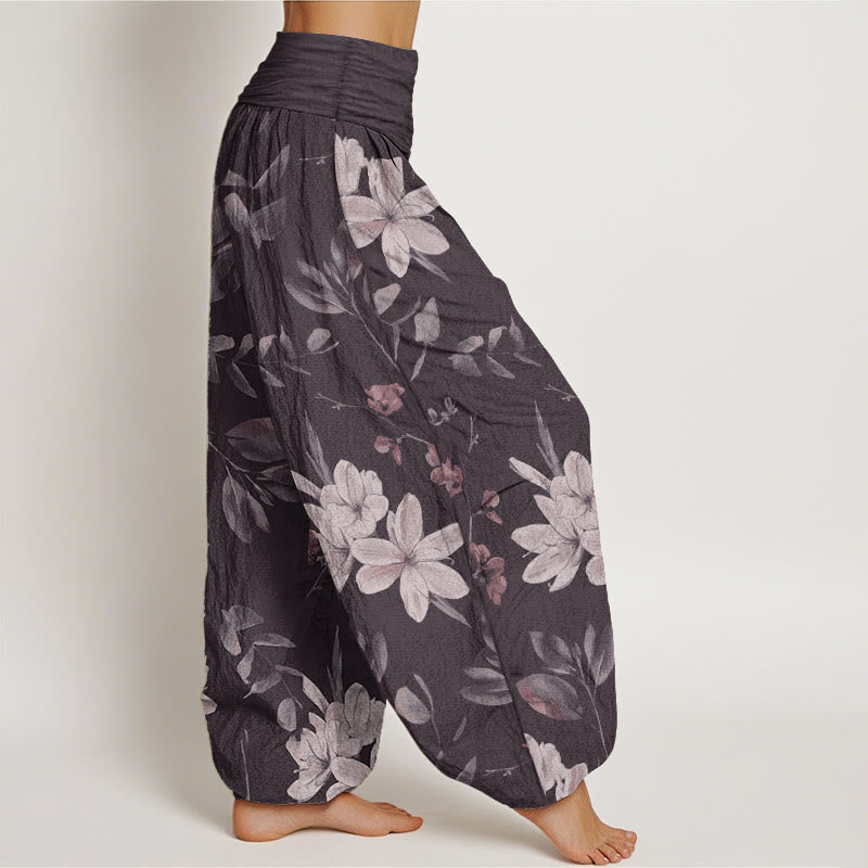 Pantalones harén de algodón puro con estampado floral y hojas de Buddha Stones para mujer, cintura elástica
